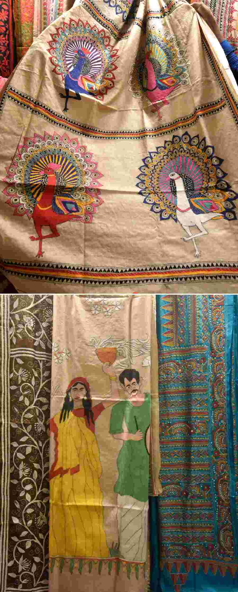 ‘Nakshi kantha’ has its origin in the centuries-old tradition of quilt-making. Old cloth would be stitched together with threads to make quilts (‘kanthas’). Women would wrap up their household chores and spend in the afternoons doing embroidery and chatting with each other. They would embroider different kinds of designs and motifs such as gods, goddesses, animals and the surroundings they lived in. With time more and more designs evolved as ‘nakshi kantha’ embroidery made its way to saris and other garments. ‘Nakshi kantha’ work is also found in Assam, Tripura and Bangladesh. In Bengal ‘nakshi kantha’ came to be taught at Kala Bhavana in Santiniketan as Rabindranath Tagore and his daughter-in-law Purnima Devi started training Santhali women from the nearby villages.