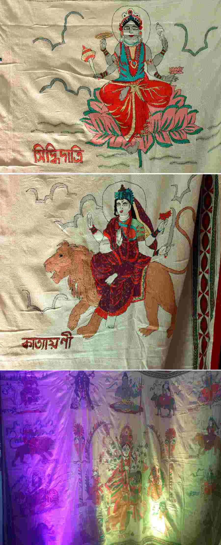 As one enters the exhibition, a wall hanging depicting Durga in her different avatars catches the eye. This particular piece took around four years to complete.