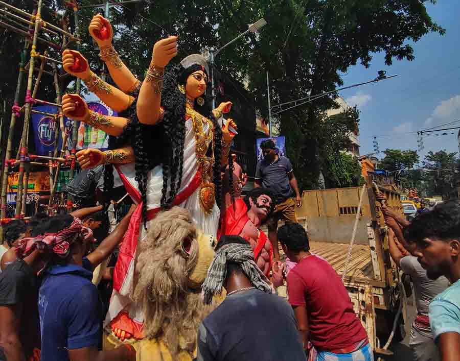 With just six days left for Mahalaya, several Durga idols made their way from Kumartuli to pandals across Kolkata on Sunday morning  