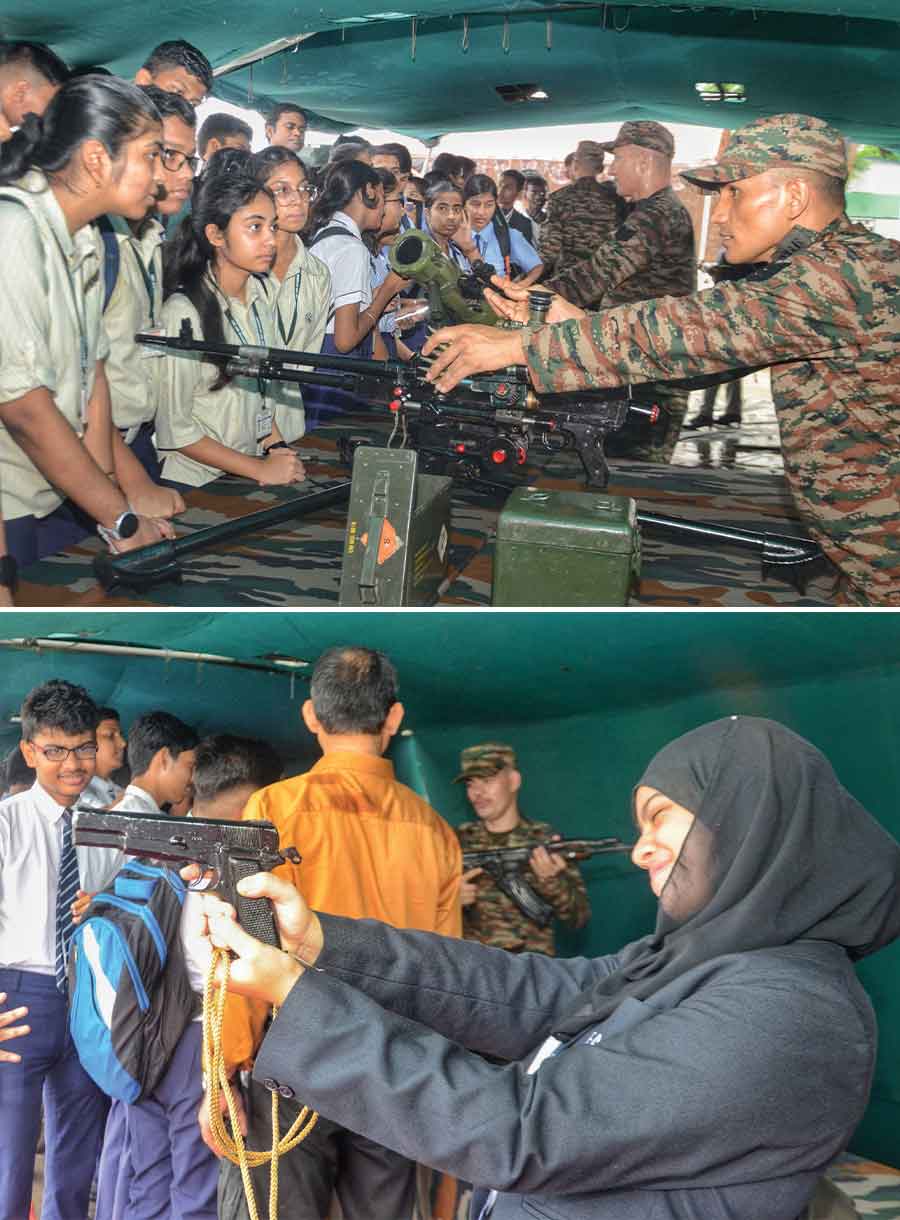 Youngsters check out war arms on display at Fort William on Monday. The event was jointly organised by the Indian Army Bengal Sub-Area Headquarters and Rota Talks  