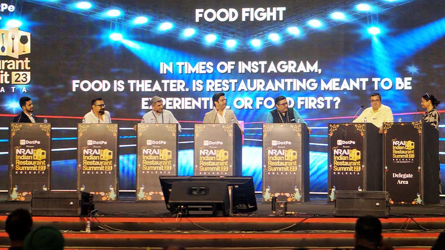 (L-R) Salman Shaikh of Bademiya, Amit Bagga of Daryaganj, Aseem Grover of The Big Chill, chef Kunal Kapur, moderator Anurag Katriar of Indigo Hospitality, Varun Tuli of Yum Yum Tree Group, and Gauri Devidayal of Food Matters Group