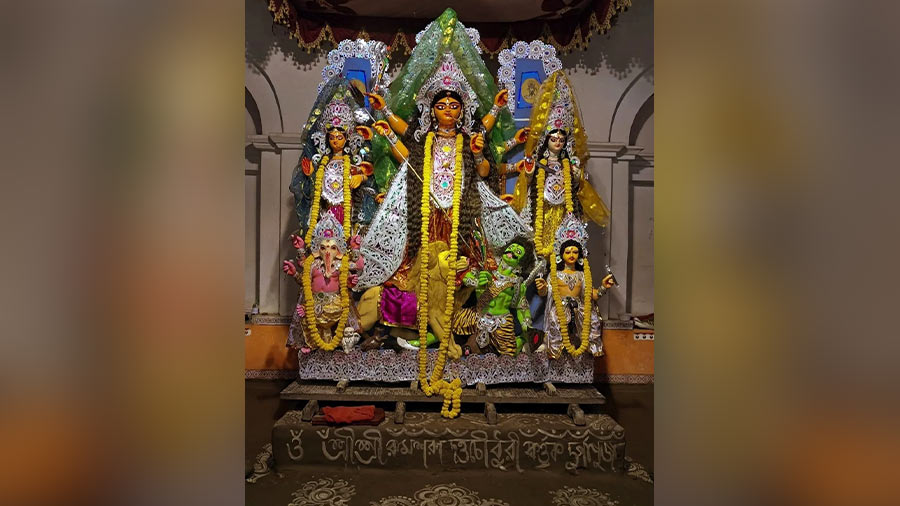 The Andul Dutta Chaudhuri family addresses Devi Durga as Sri Sri Rajarajeshwari Thakurani Mata