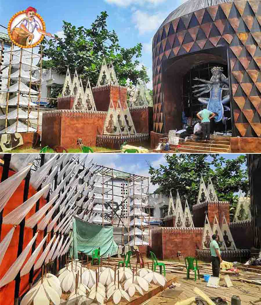 This year the theme for the Santoshpur Lake Pally Puja is ‘swatantra’ (self-reliant). Huge triangles in white and other earthy hues besides other geometrical shapes in varied sizes would greet visitors at the pandal in its 66th year. ‘In a broader way it is about the merits of meditation and its importance in today’s stressful life,’ said a committee member. 