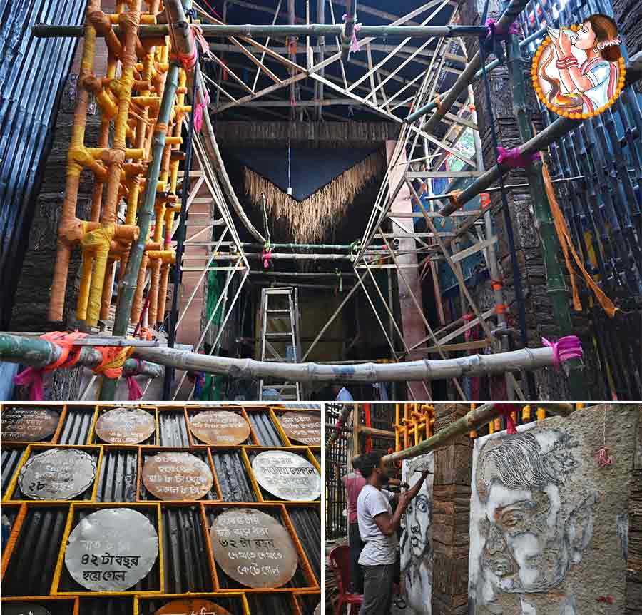 The Karbagan Sarbojanin Durgotsab Committee Durga Puja near Ultadanga is in its 77th year with the theme ‘Sheemana’.  To implement that, a committee member said, a unique light would guide pandal-hoppers from the entrance to the exit of the pandal, which has bundles of ‘paat kathi’ stuck to plywood frames on the side panels. Bamboos have been extensively used in the decorations. Even the idol would a special one, said the member