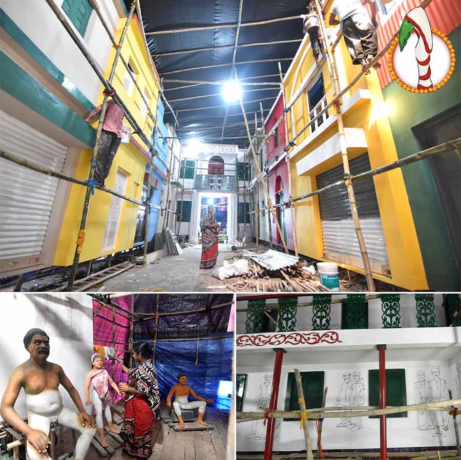 The theme for Tala Pally is ‘Golpo Holeo Shotti’ in its 76th year of puja. The pandal is replete with age-old houses from north Kolkata and life-size dummies of people. It is based on a popular Bengali movie by legendary filmmaker Tapan Sinha by the same name, which starred character artiste Rabi Ghosh in an unforgettable role