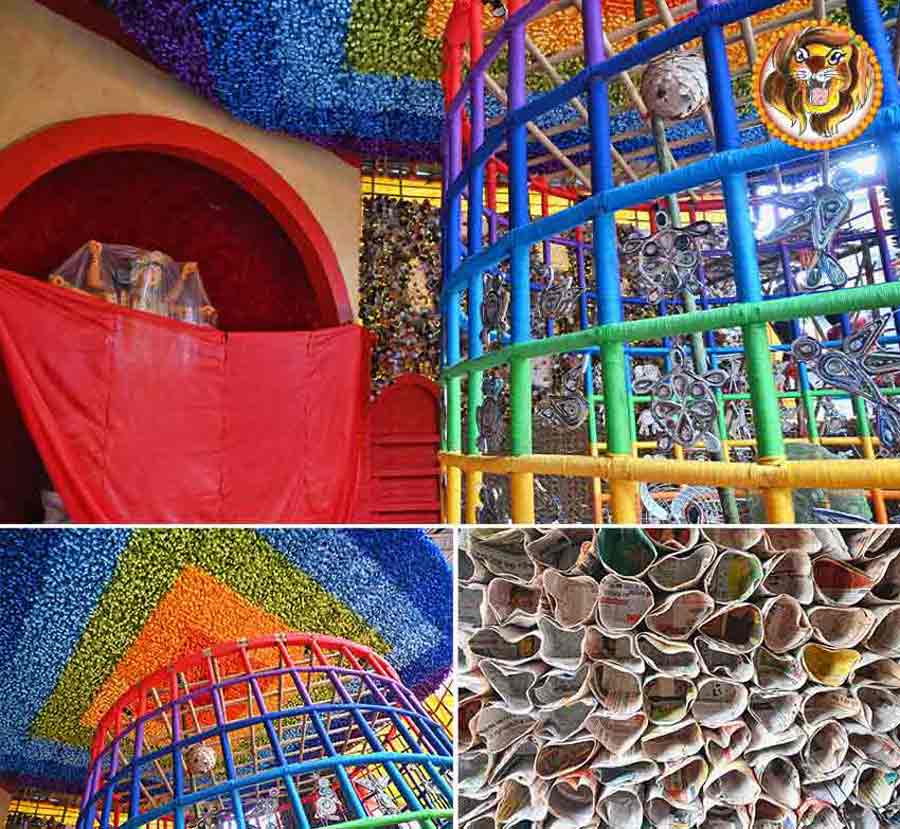 The Telengabagan Durga Puja near Ultadanga would focus on women labourers this year with its theme ‘Praanjoner Aatmakotha’. The mandap is made in the pattern of the Tusu festival. There are hundreds of ‘chaudal’ or ‘chaturdola’ of different colours and designs   