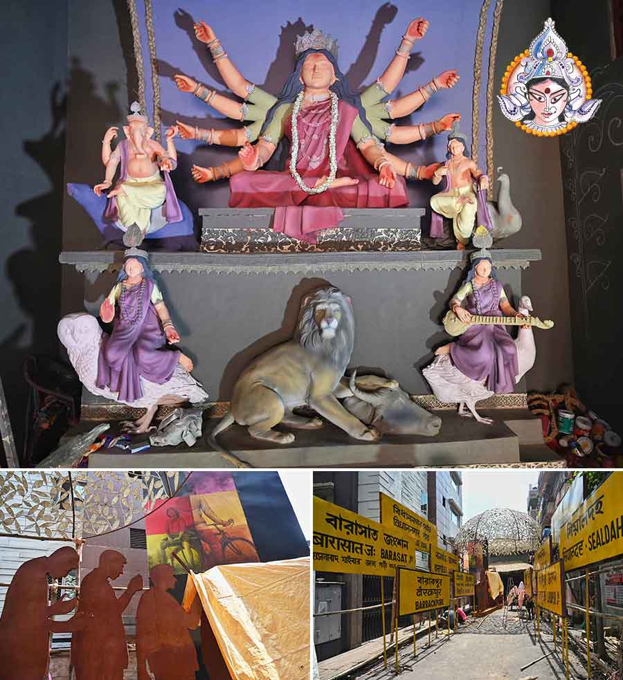 The theme for Swapnar Bagan Yuvak Brinda in its 70th year is ‘Chhatra Chhaya’. As you approach the pandal near Kankurgachhi More, you will be greeted by huge black and yellow boards of railway stations like Barasat, Canning and Lakshmikantapur among many others. A lot of metal structures have been used as props, which include an exquisite canopy of leaves. But the most stunning is a man pedalling a van rickshaw on which his wife, representing goddess Durga, and their four children are aboard  