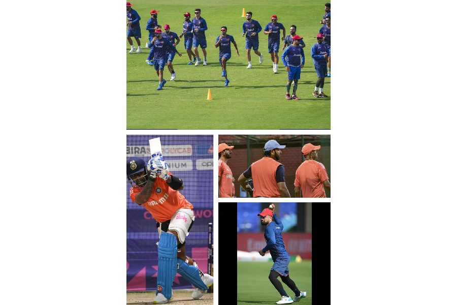 (Clockwise from top) Afghanistan players at their team practice on Tuesday in Delhi; Indian captain Rohit Sharma with head coach Rahul Dravid; Afghanistan spinner Rashid Khan; India's Surya Kumar Yadav