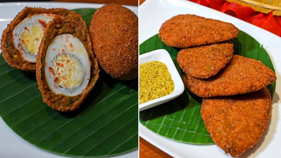 Dimer Devil with Mutton and (right) Chingri Cutlet
