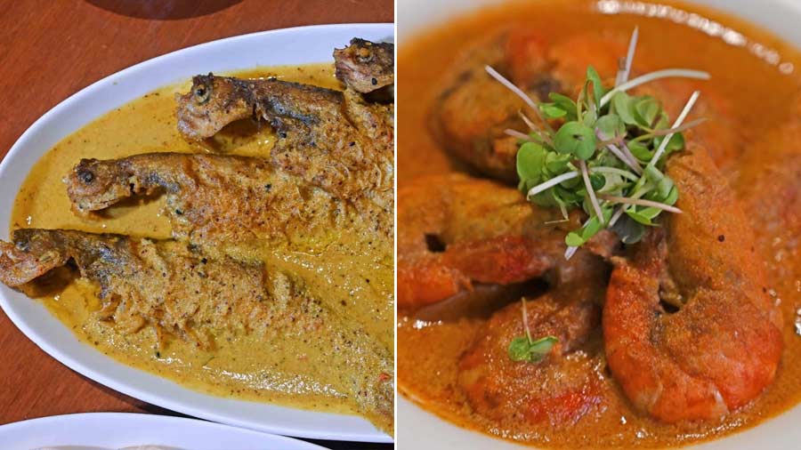Pabda Shorshe Bata and (right) Chingri Malai Curry