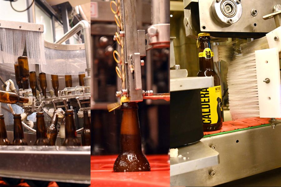 (From left) Bottles are being rinsed to ensure they are impeccably clean, Once the bottles are carefully filled with beer, the bottles are sealed, The bottles are being labelled carefully from all the sides