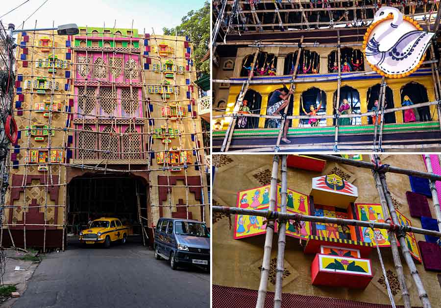 The Singhi Park Sarbojanin Durga Puja pandal in Gariahat attempts to showcase Rajasthani cupboard art that weaves stories in every detail under the theme ‘Nokshi Ghor ey Putul Raj’. Almost a masterpiece in the making, the colourful paintings of Rajasthani daily life and gods and goddesses reflect a rare blend of heritage and art. Even the famous Rajasthani Putul Nach dancers seem to come to life 