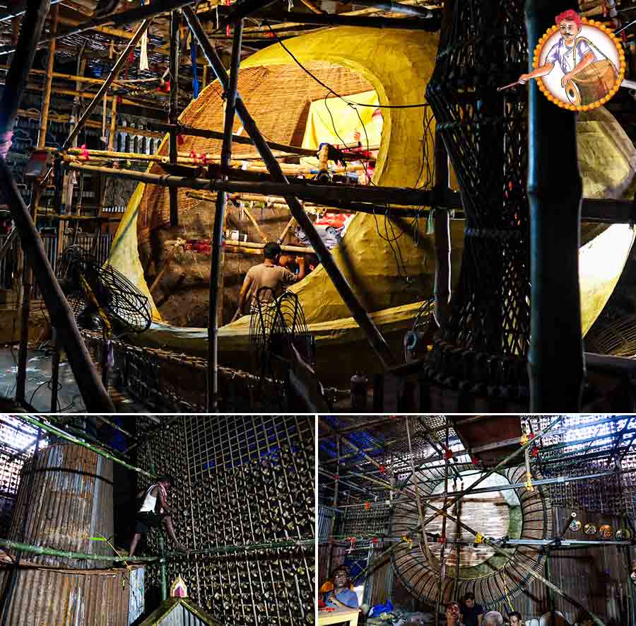 Phuchkas are sure to steal your heart at the Behala Nutan Dal Durga Puja pandal. Under an innovative-sounding theme ‘Tushti’ (Satisfaction), the pandal and the props — right from the phuchka-vending stools, boxes, the cane-stand, the saal pata dona and all such paraphernalia — become an integral part of our journey to ultimate satisfaction