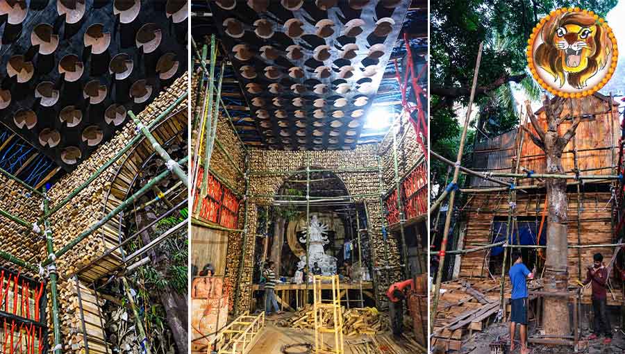 The Hindustan Park Durga Puja pandal in Gariahat brings a lumberyard to life, a poignant reminder of the intricate world of plants. Under the theme ‘Praan’ (Life), the puja aims to shed light on the fact that plants, too, feel pain. The trunk of a barren tree, empty clay pots and a myriad such objects try to convey the point. The theme celebrates the interconnectedness of all life forms