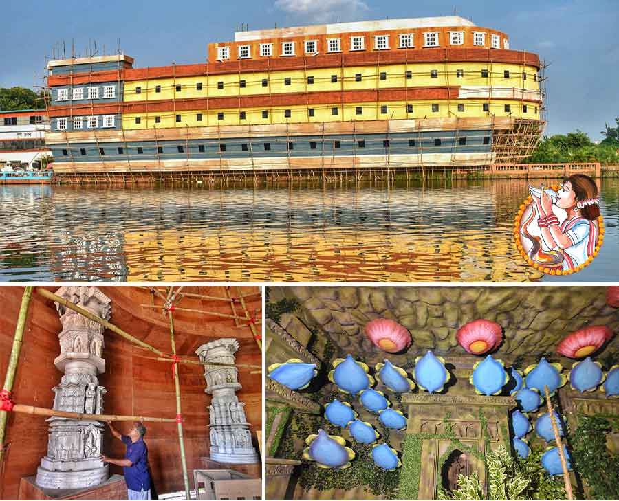 The theme at the Netaji Colony Lowland Sarbojonin Durgotsab Samity in Baranagar is ‘Antahin’ (Endless). The Durga Puja is housed in a pandal shaped like a ship. Giant, brightly coloured toad stools and underwater creatures like sea anemones are used as props at the entrance. Inside, giant pillars engraved with gods and goddesses have been used besides tall skyscrapers. But the striking point is the ceiling portraying a cloudy sky, a clear blue sky and a fiery sky