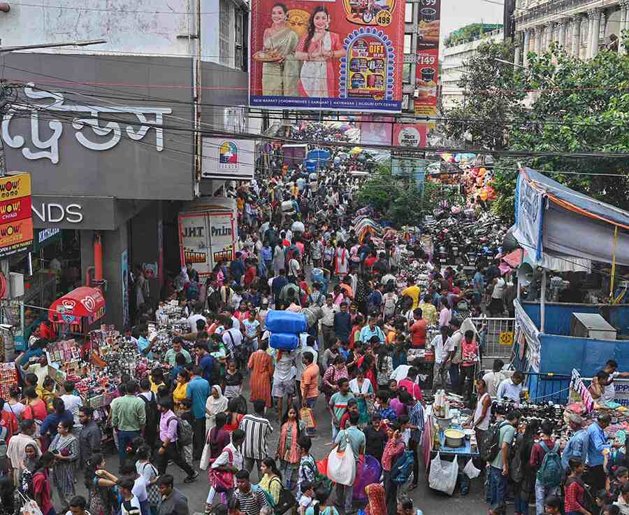 New Market was crowded on Thursday with people shopping for Durga Puja 