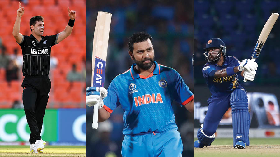 The first team of the week of the 2023 ICC Men’s Cricket World Cup in India includes the likes of (L-R) Matt Henry, Rohit Sharma and Kusal Mendis
