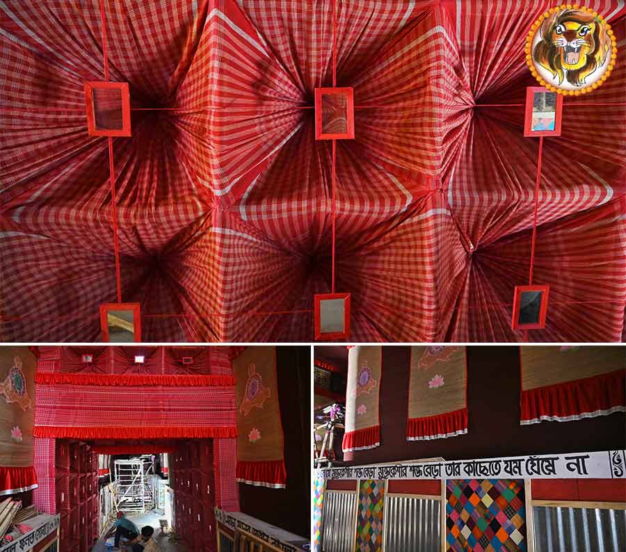 The theme for Shastribagan Sporting Club near Baguiati Joramandir this year is ‘Sadhana’. To bring its theme to life, the organisers have used applique work on ‘maadur’ (straw mat) for the side panels with aluminium sheets inbetween. Social messages too have been painted. Gamchha (handwoven towels from Bengal) have been extensively used in its original form as well as dyed in several bright colours and set together to give a collage-type look    