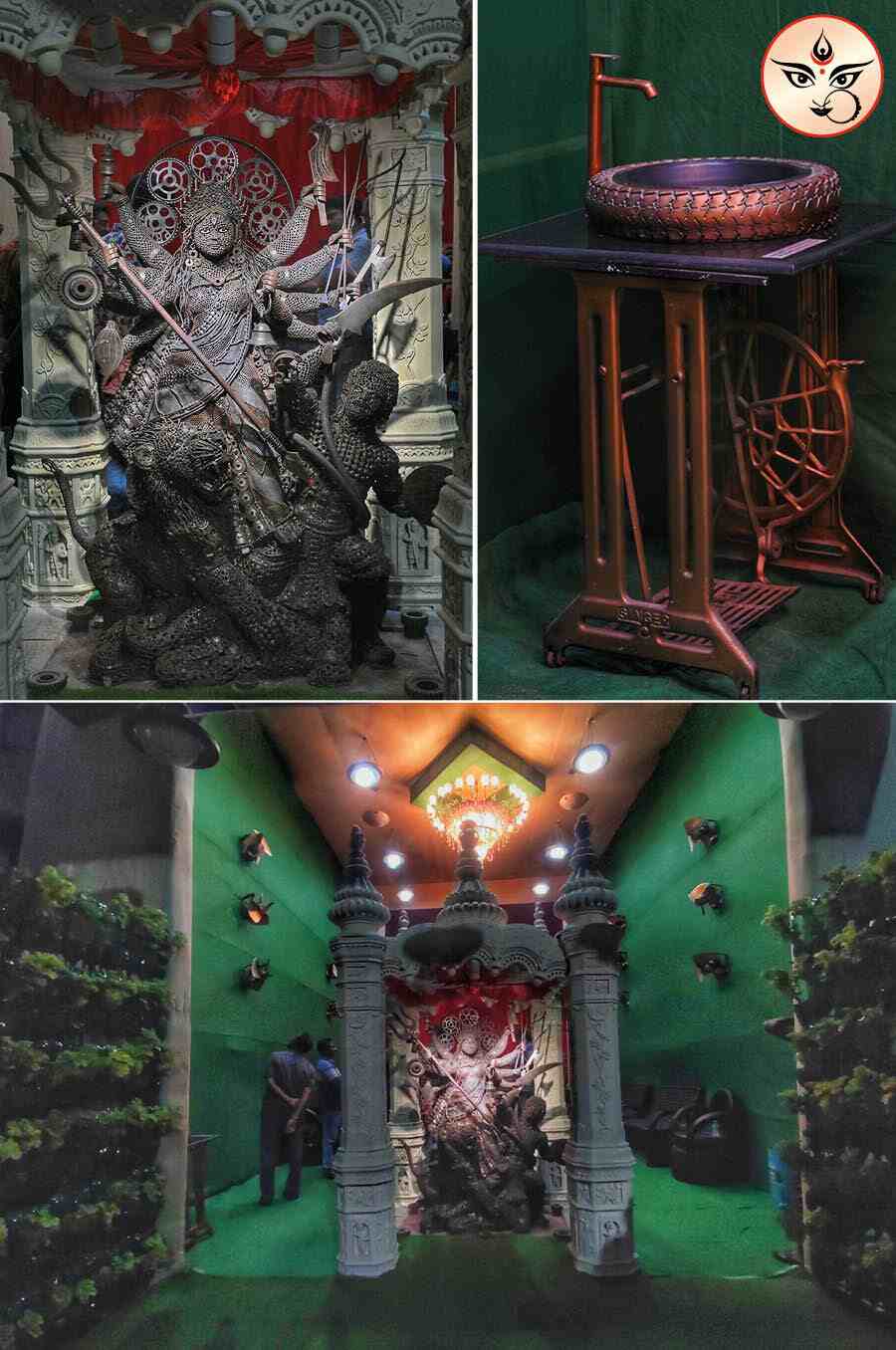 The Maitri Sangha on Motilal Nehru Road between Tridhara and Maddox Square has re-used metal scraps to create an exquisite Durga idol and pandal, under the guidance of Pradip Chopra, chairman, iLead Kolkata, this year. Artist Afsar Ali has evoked the deep sense of nostalgia by bringing back Maitri Sangha’s Durga Puja also on a mission to empower unemployed youth through the ‘Waste Billionaire’ initiative. It is an idea to encourage entrepreneurship amongst unemployed youth based on waste upcycling