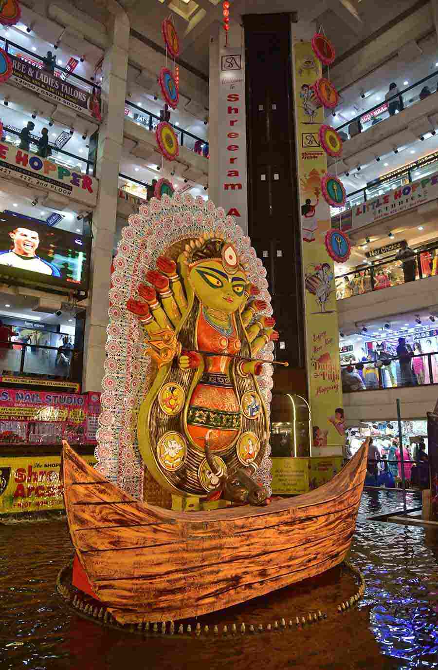 Sreeram Arcade in Esplanade is all decked up to welcome shoppers. A Durga idol has also been installed at the shopping complex 