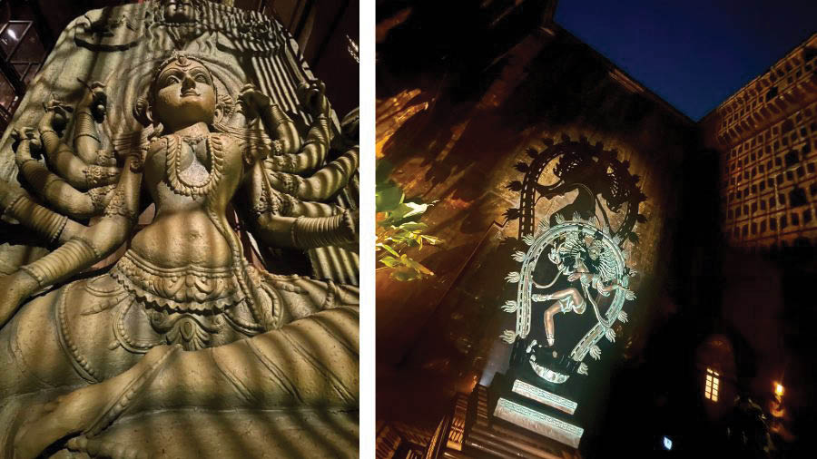 The Durga idol and (right) a Natraj installation — both showing off the creative play of shadows present throughout the pandal