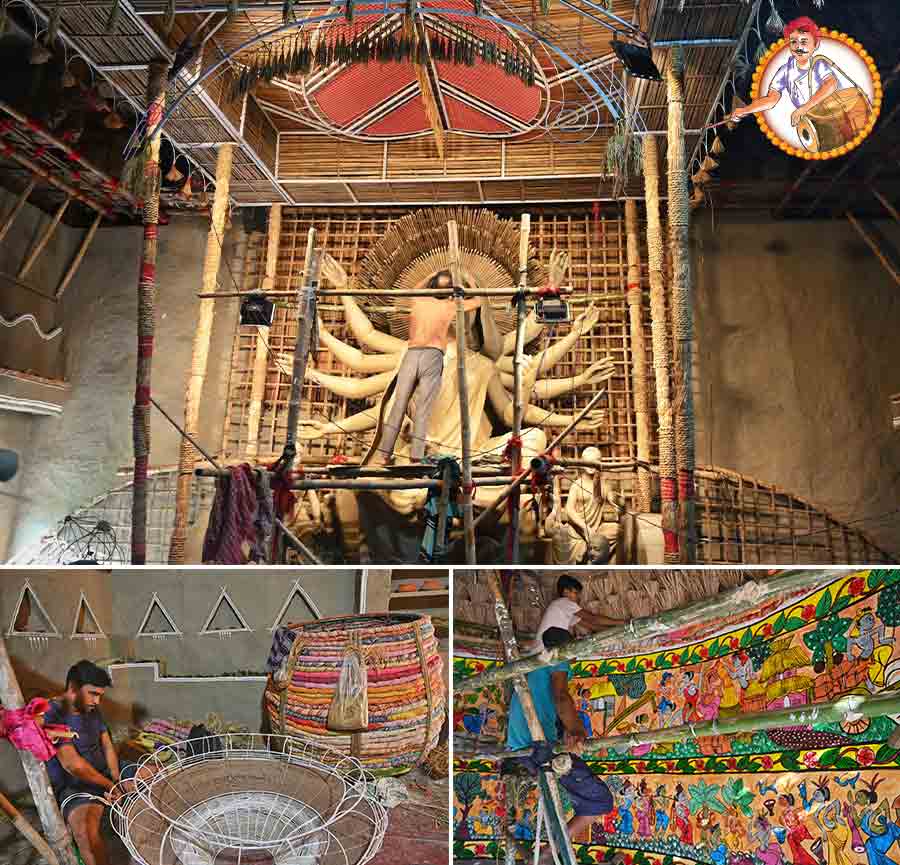 The theme for Shyampukur Sanghatirtha Durga Puja this year is ‘Protha’ (tradition). Made up of eco-friendly materials like bamboos, straw, mats, hand-painted earthen pots, the theme is nicely portrayed through the props installed at the pandal. The side panels sport bright and colourful village life in Bengal painted by hands 
