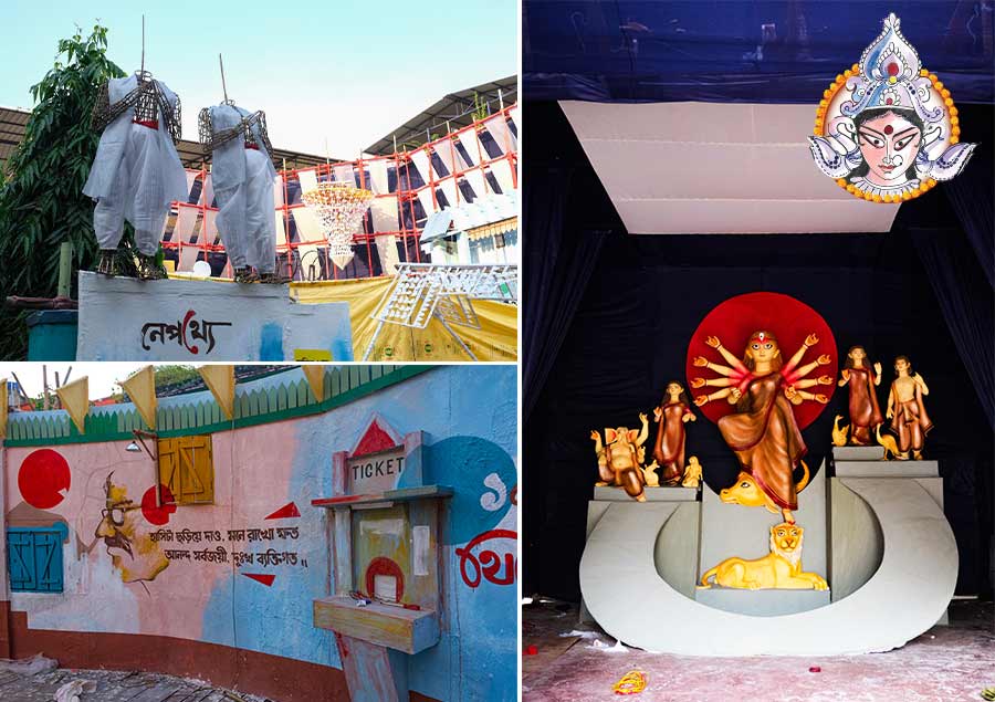 The Behala 11 Palli Puja pandal this year pays tribute to the unsung heroes of the theatre industry with its theme ‘Nepothye’, make-up and artistry unite. The pandal celebrates artisans behind the stage. From the unseen magicians controlling the lights to the make-up maestros crafting characters, every detail honours creativity. Don’t miss the replica of a theatre tea stall, the lifeline for aspiring artists, or the ticket counter  