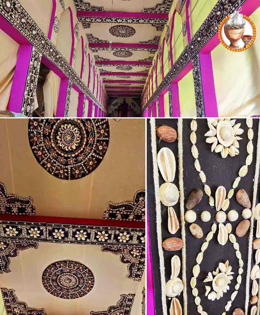 The Bhowanipur 75 Palli Durga Puja pandal in the lane adjacent to Netaji Bhavan Metro station should be your destination if you are fond of dry fruits. The puja in its 59th year has decided to hold on to its faith in ‘sabekiyana’ by decorating its pandal cashew, almonds, raisins and an array of mountain fruits