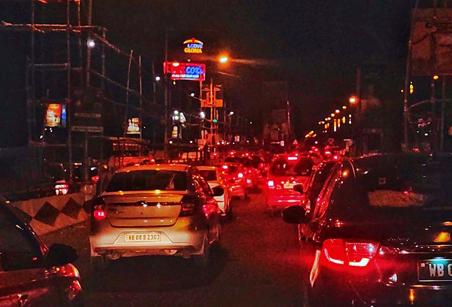 Traffic jam on VIP Road after the Sreebhumi puja pandal was opened for public viewing on Saturday  