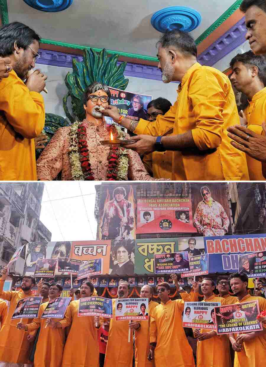 Amitabh Bachchan fans in Kolkata celebrated his 81st birthday. They also prayed for him at a temple and held a cake-cutting ceremony on Wednesday  