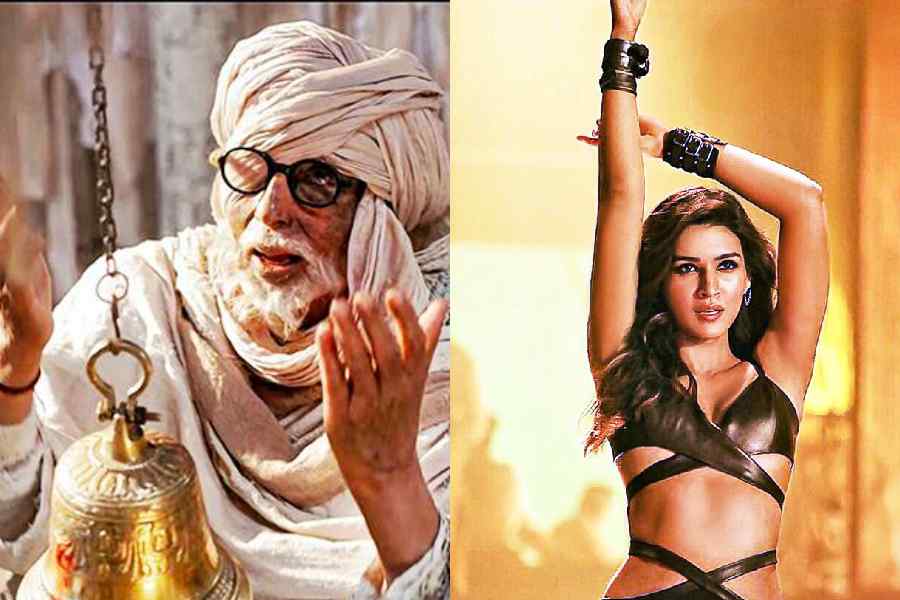 (l-r) Amitabh Bachchan's look in the film has piqued curiosity, Kriti Sanon does action for the first time in her career