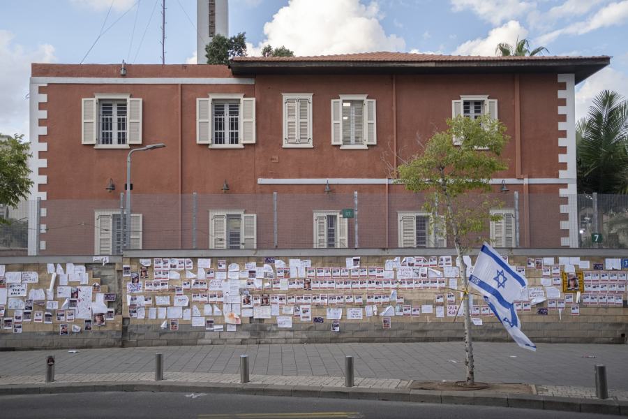 Posters of kidnapped Israelis displayed on a wall in Tel Aviv, Israel, on Oct. 15, 2023.