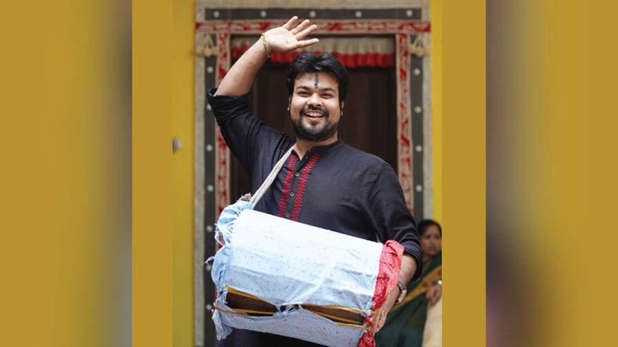 Sukrit playing the dhaak at Dalal House’s Durga Puja last year