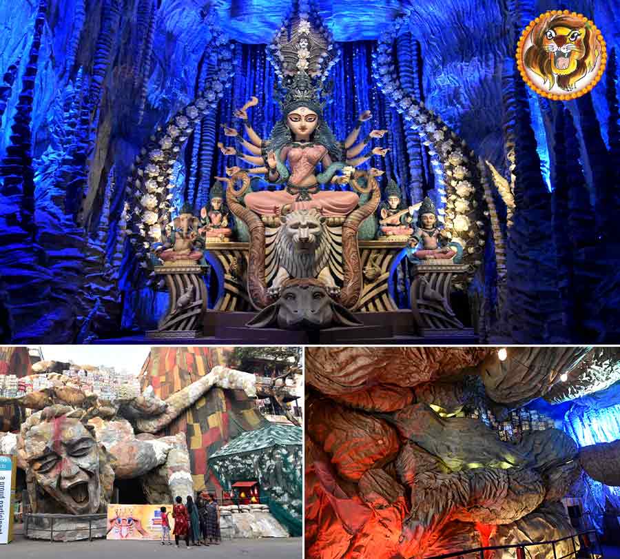 The theme for the Durga Puja pandal at the Beliaghata 33 Pallibashi Brinda this year is ‘Sailo Guha’. The pandal has tried to showcase the damage and the abuse the mountains of our country are being forced to endure at the hands of human beings in the name of rapid urbanisation. The entire pandal has been given shape of a mountain screaming in pain. Intelligent lighting creates the atmosphere. The idol of the goddess, sitting under icicle-shaped cones inside a cave is exquisite