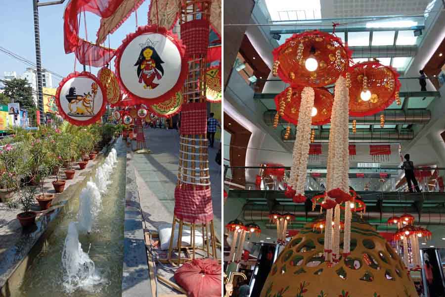 The mall has been decorated with traditional Bengali motifs and things such as ‘chandmala’, earthen wall plates or ‘shora’, ‘dhunuchi’, garlands made of ‘shola, ‘gamchha’, and more