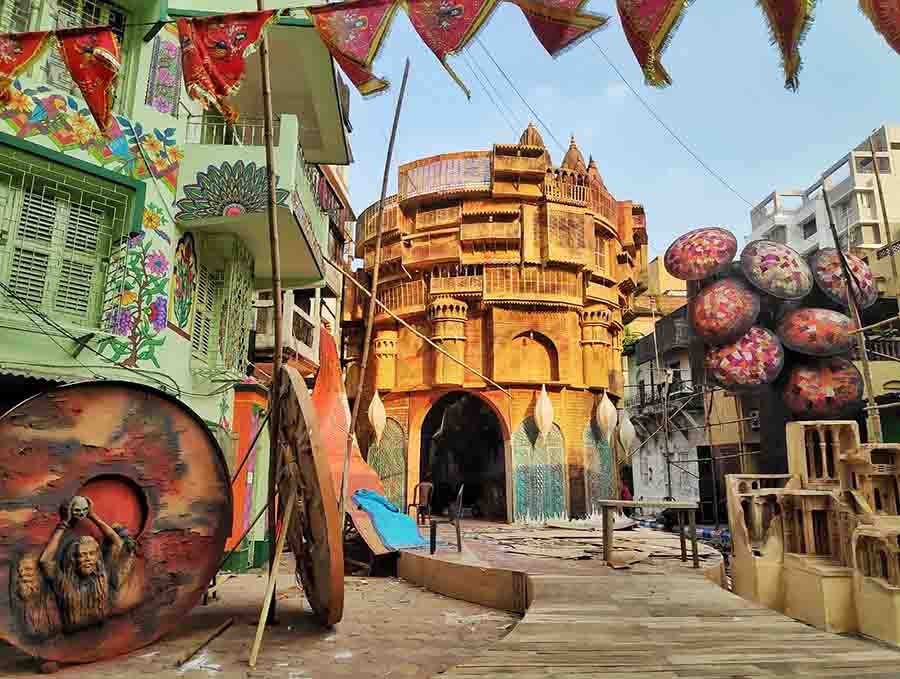 A glimpse of the Bakul Bagan Sarbojanin Durga Puja pandal. This year’s theme is ‘Moksha’  