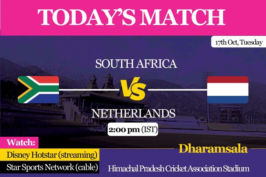 South African team stands for the national anthem during the ICC Men’s Cricket World Cup 2023 match between South Africa and Netherlands