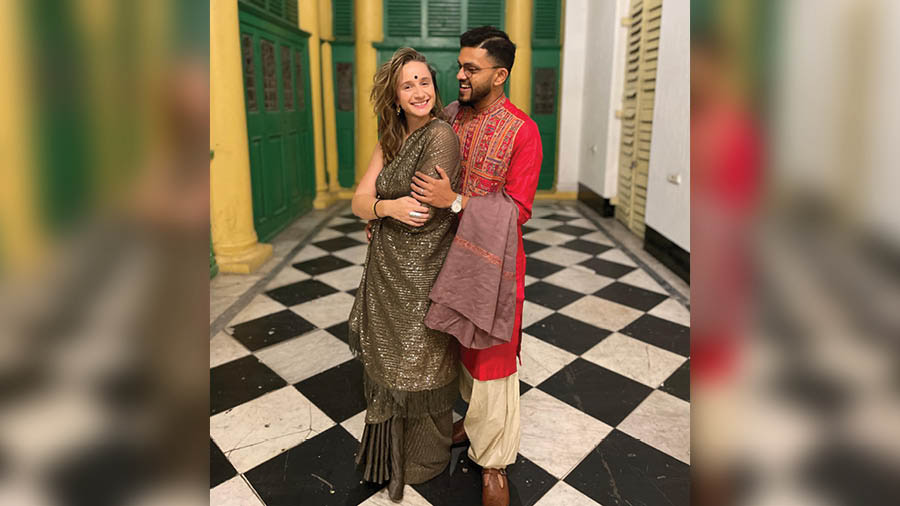 ‘I am not super picky about pujo outfits. Whatever I would wear normally, I just add a local touch of our Bengali attire,’ says Meghdut