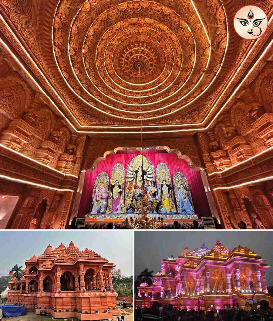 Even before the actual Ram Mandir comes up in Uttar Pradesh’s Ayodhya, the Durga Puja at Santosh Mitra Square or Lebutala Park in Sealdah offers a dazzling replica of the same