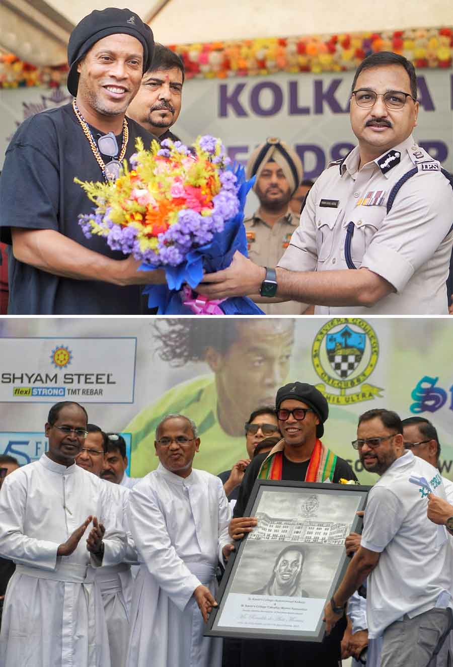 Brazilian Footballer Ronaldinho attended the Kolkata Police Friendship Cup at Body Guard Lines play ground along with commissioner of police Vineet Kumar Goyal. He also unveiled the Jersey of Kolkata Police Half Marathon. Later, the Samba King visited St. Xavier’s College  