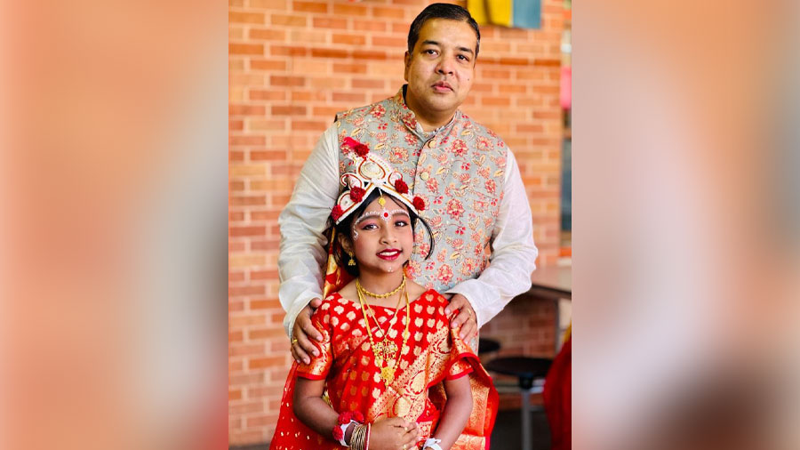 Avishek and Myra before Kumari Pujo at Central Texas Bengali Association Durga Puja in 2022