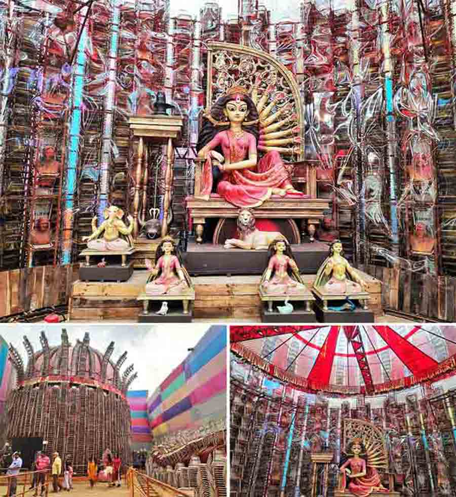 The Durga Puja pandal at Bosepukur Sitala Mandir shows how discarded steel chairs can be used in creativity