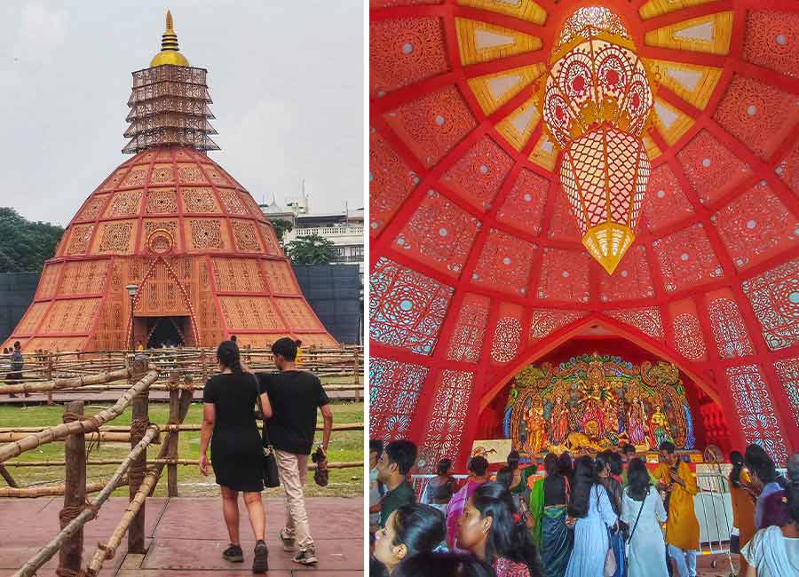 The pretty pandal and the interiors of the Deshapriya Park Durga Puja on Wednesday