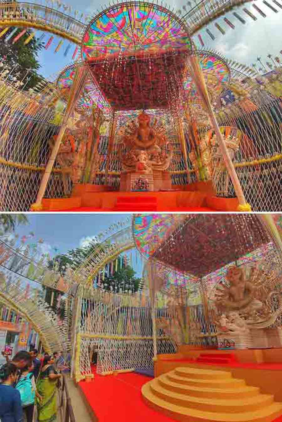 The idol and the open pandal at Tridhara Sammilani define finesse and elegance on Wednesday 