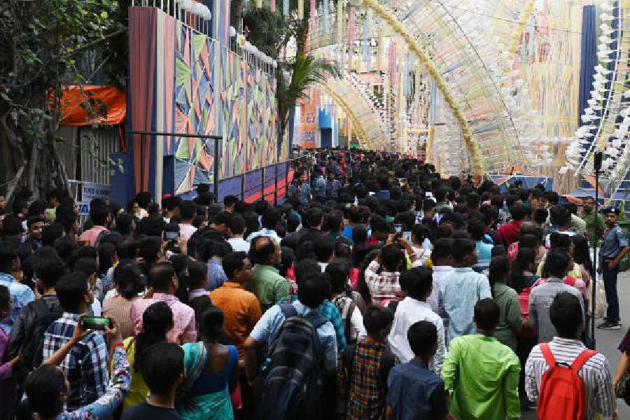 Visitors to the Tridhara puja pandal on Wednesday