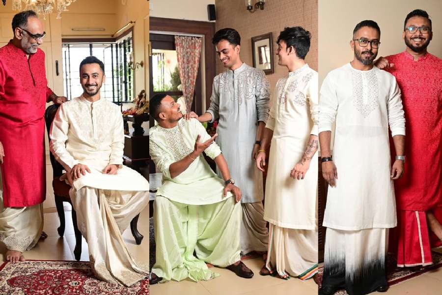 This year, ahead of the Pujas, we tried to recreate the same adda at his home, with designer duo Dev and Nil dressing select invitees, a mix of regulars and new, in their traditional and contemporary designs