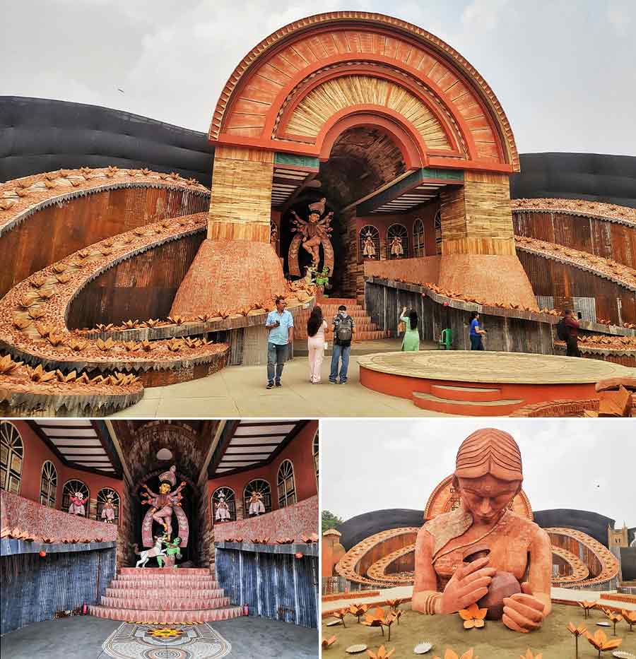 The theme at the Rajdanga Naba Uday Sangha Durga Puja pandal is ‘Parampara’ (Tradition). Done up with eco-friendly materials, a lady with an urn welcomes visitors at the entrance of the pandal