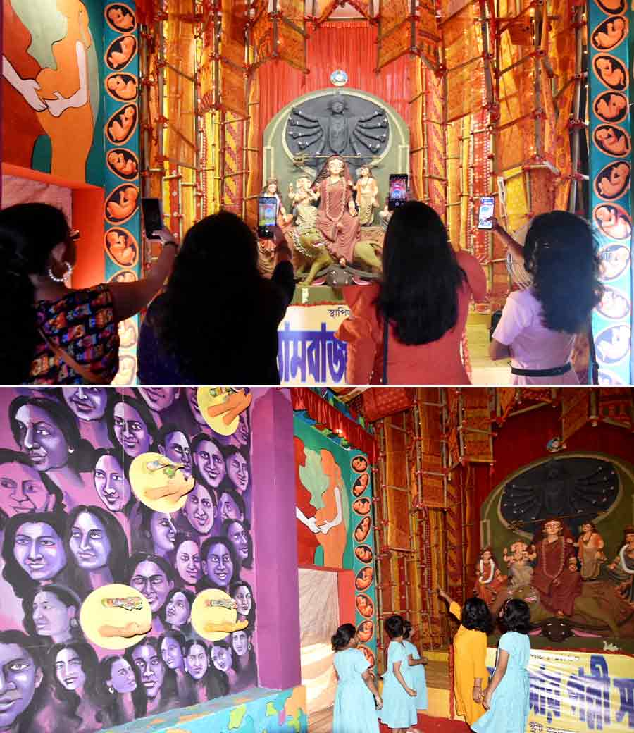 The pandal at Shyambazar Pally Sangha on Thursday. It is based on surrogacy this year 