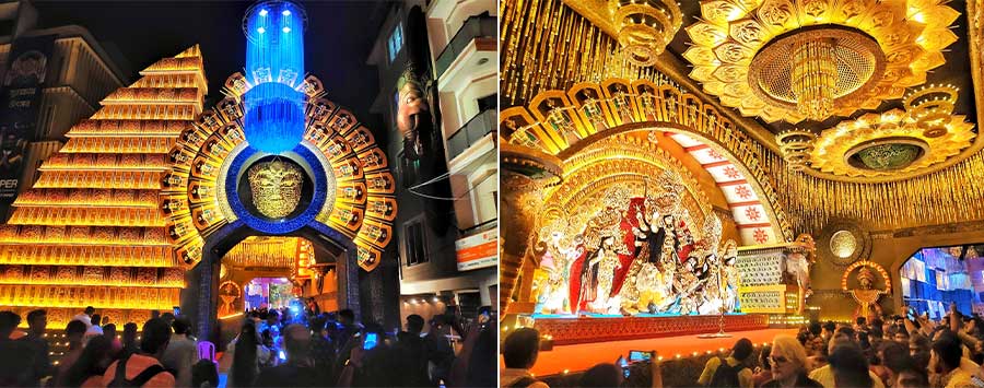 Visitors at the Mudiali Club Durga Puja pandal late on Wednesday evening. True to its tradition, the ‘mandap’ this year has been done up in golden regalia