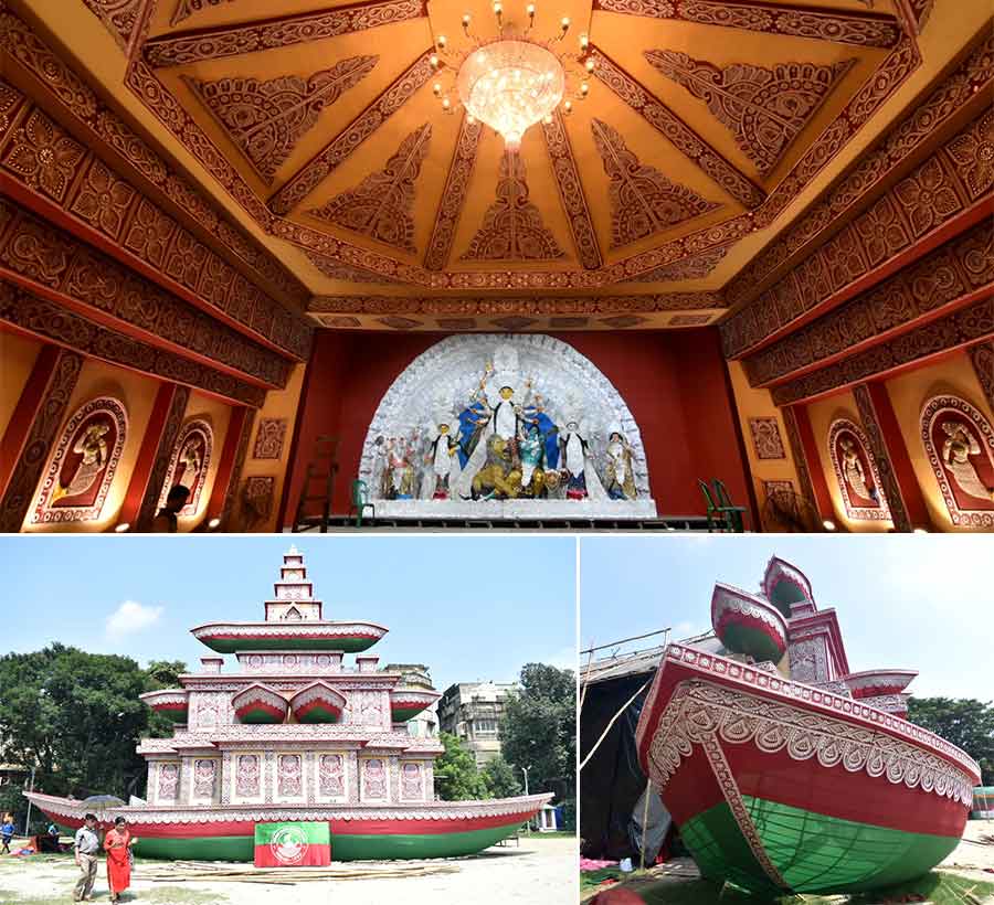 The Durga Puja pandal at Shyam Square Sarbojonin has been done up in Mohunbagan colours, green and maroon. The park is considered as the birthplace of the club 